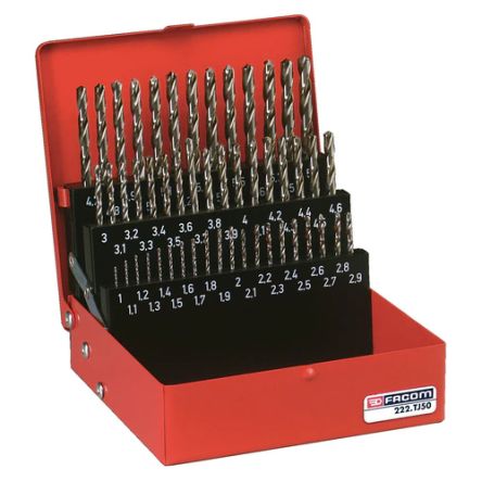 Facom 50-Piece Twist Drill Bit Set for Masonry, 5.9mm Max, 1mm Min, Stainless Steel Bits [222A.TJ50]; 235-0014