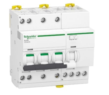 Schneider Electric RCBO, 25A Current Rating, 3P+N Poles, 30mA Trip Sensitivity, Type C, Acti9 Range [A9DA3725]; 238-3263