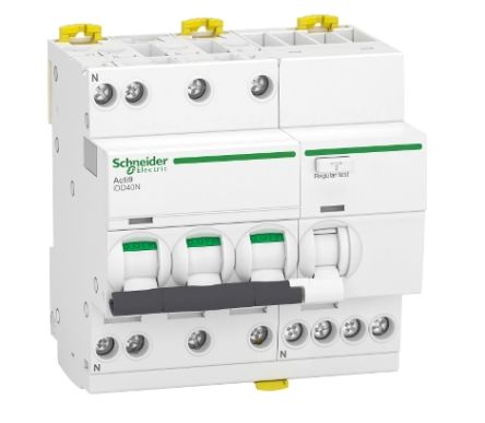 Schneider Electric RCBO, 40A Current Rating, 3P+N Poles, 30mA Trip Sensitivity, Type C, Acti9 Range [A9DA3740]; 238-3264