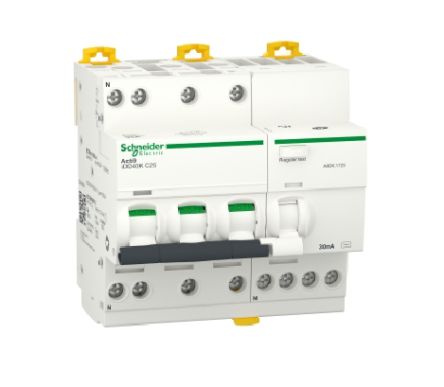 Schneider Electric RCBO, 25A Current Rating, 3P+N Poles, 30mA Trip Sensitivity, Type C, Acti9 Range [A9DK1725]; 238-3288