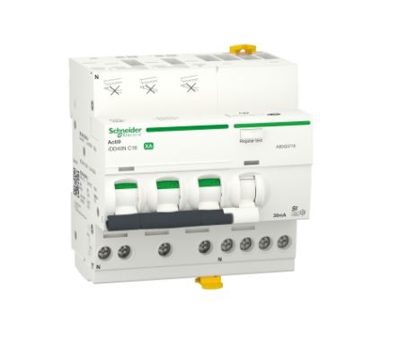 Schneider Electric RCBO, 25A Current Rating, 3P+N Poles, 30mA Trip Sensitivity, Type C, Acti9 Range [A9DQ3725]; 238-3319