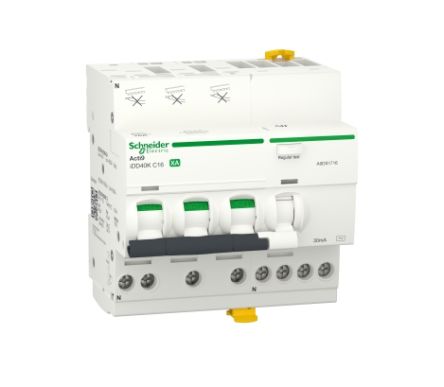 Schneider Electric RCBO, 16A Current Rating, 3P+N Poles, 30mA Trip Sensitivity, Type C, Acti9 Range [A9DS1716]; 238-3323