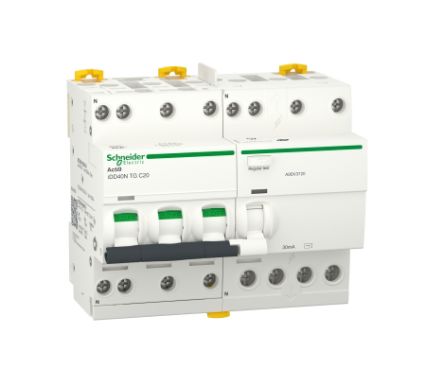 Schneider Electric RCBO, 20A Current Rating, 3P+N Poles, 30mA Trip Sensitivity, Type C, Acti9 Range [A9DV3720]; 238-3340