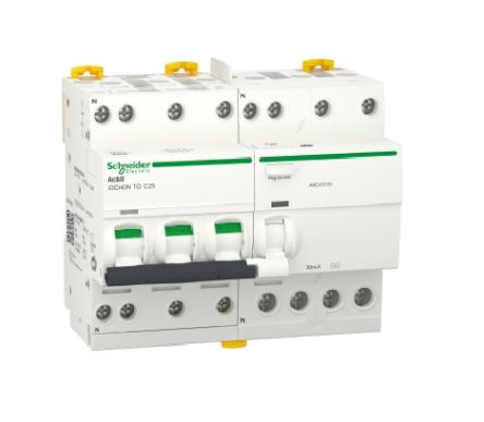 Schneider Electric RCBO, 25A Current Rating, 3P+N Poles, 30mA Trip Sensitivity, Type C, Acti9 Range [A9DV3725]; 238-3341