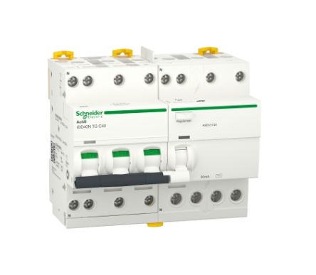 Schneider Electric RCBO, 40A Current Rating, 3P+N Poles, 30mA Trip Sensitivity, Type C, Acti9 Range [A9DV3740]; 238-3343