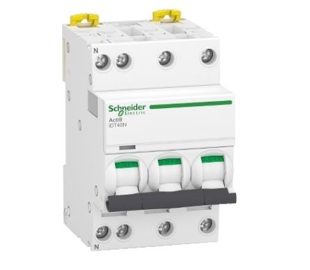 Schneider Electric Acti 9 Acti9 iDT40N MCB, 3+N, 25A Curve C, 400V AC [A9P24725]; 238-3380