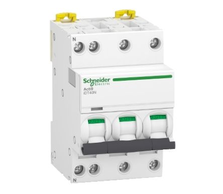 Schneider Electric Acti 9 Acti9 iDT40N MCB, 3+N, 25A Curve D, 400V AC [A9P34725]; 238-3407