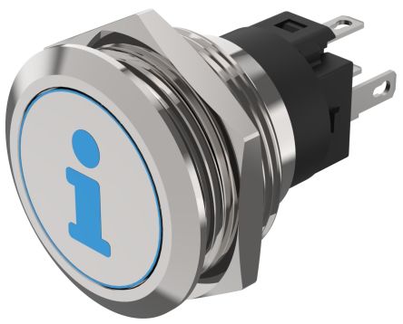 EAO 82 Series Illuminated Push Button Switch, Momentary, Panel Mount, 22.3mm Cutout, SPDT, Blue LED, 240V, IP65, IP67 [82-6151.1A24.B004]; 239-4940