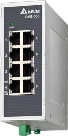 Delta Electronics Industrial Ethernet Switch, 8 RJ45 Ports, 2.4Mbit/s Transmission, 12 → 48V dc [DVS-008I00]; 241-1645