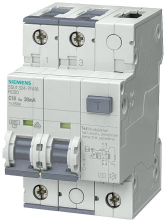 Siemens RCBO, 10A Current Rating, 2P Poles, 30mA Trip Sensitivity, Type B, Sentron Range [5SU1324-6KX10]; 243-6152