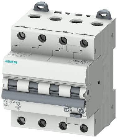 Siemens RCBO, 16A Current Rating, 4P Poles, 300mA Trip Sensitivity, Type C, Sentron Range [5SU1646-7FP16]; 243-6246