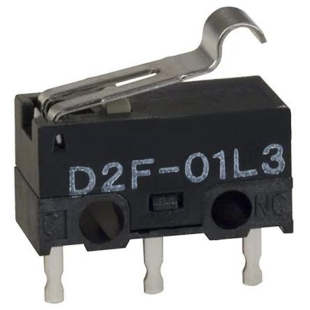 Omron Simulated Roller Lever Microswitch, PCB Terminal, 100 mA at 30 Vdc VA, SPDT, IP40 [D2F-01L3]; 243-6555