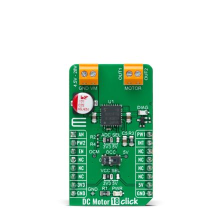 MikroElektronika DC Motor 18 Click DC Motor Driver for TB9051FTG for mikroBUS socket [MIKROE-4786]; 247-5705