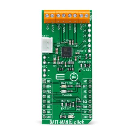 MikroElektronika BATT-MAN 3 Click Li-Ion/Li-Po Battery Power Management for ADP5350 for mikroBUS socket [MIKROE-4909]; 247-5743