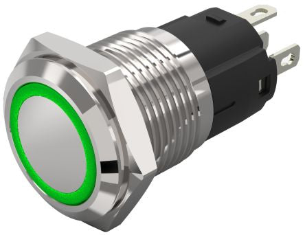 EAO 82 Series Illuminated Illuminated Push Button Switch, Latching, Panel Mount, 16mm Cutout, SPDT, Green LED, 12V, [82-4551.2133]; 247-8828