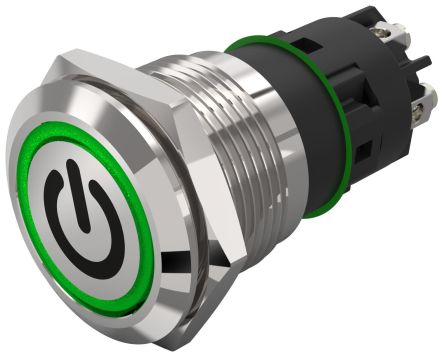 EAO 82 Series Illuminated Illuminated Push Button Switch, Momentary, Panel Mount, 19mm Cutout, SPDT, Green LED, 240V, [82-5152.1133.B002]; 247-8894