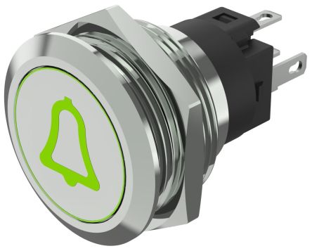EAO 82 Series Illuminated Illuminated Push Button Switch, Momentary, Panel Mount, 22.3mm Cutout, SPDT, Green LED, 240V, [82-6151.1A34.B005]; 247-8993