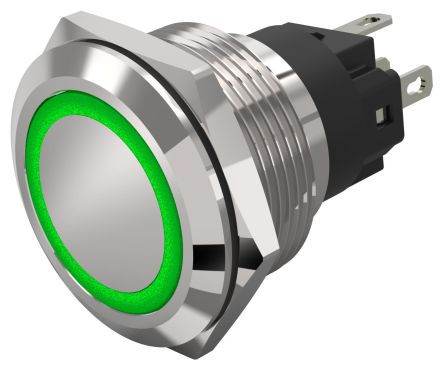 EAO 82 Series Illuminated Illuminated Push Button Switch, Latching, Panel Mount, 22.3mm Cutout, SPDT, Green LED, 240V, [82-6551.2133]; 247-9090