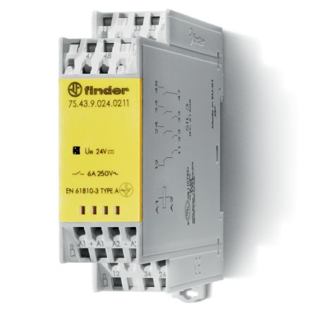 Finder DIN Rail Non-Latching Relay with Guided Contacts, 12V dc Coil, 6A Switching Current, 3P [7S6390120211]; 247-9270