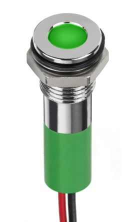 RS PRO Green Panel Mount Indicator, 2V dc, 8mm Mounting Hole Size, Lead Wires Termination, IP67 [0]; 249-4317