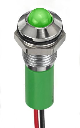 RS PRO Green Panel Mount Indicator, 24V dc, 8mm Mounting Hole Size, Lead Wires Termination, IP67 [0]; 249-4341