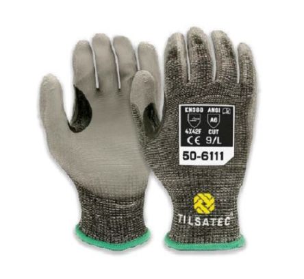 Tilsatec Black, Grey HPPE, PET, Polyamide, Spandex, Steel Abrasion Resistant, Cut Resistant Gloves, Size 8, [50-6111-08]; 250-0443