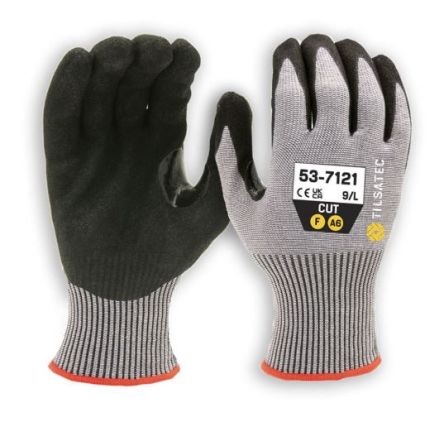 Tilsatec Black, Grey HPPE, PET, Polyamide, Spandex, Steel Cut Resistant Gloves, Size 9, Foam Nitrile Coating [53-7121-09]; 250-0473