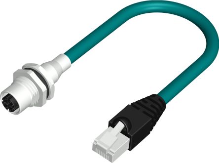 RS PRO, 500mm Cat6a, Teal M12 to Female RJ45 Male Shielded, Terminated PUR Sheath [0]; 250-0666