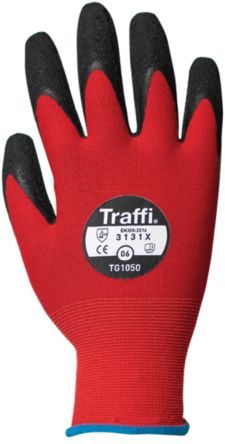 Traffi Red Natural Rubber Latex Nylon Cut Resistant Cut Resistant Gloves, Size 10, Latex Coating [TG1050-10]; 250-0977