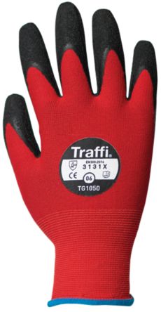Traffi Red Natural Rubber Latex Nylon Cut Resistant Cut Resistant Gloves, Size 9, Latex Coating [TG1050-09]; 250-0982