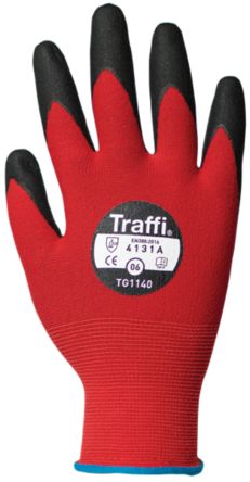 Traffi Red Nitrile, Nylon Cut Resistant Cut Resistant Gloves, Size 10, Nitrile Coating [TG1140-10]; 250-0989
