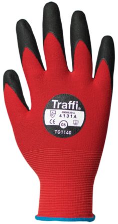 Traffi Red Nitrile, Nylon Cut Resistant Cut Resistant Gloves, Size 8, Nitrile Coating [TG1140-08]; 250-0994