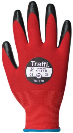 Traffi Red Nitrile, Nylon Cut Resistant Cut Resistant Gloves, Size 7, Nitrile Coating [TG1170-07]; 250-0999