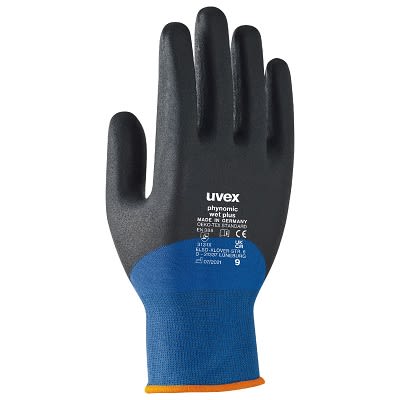 uvex phynomic wet plus Blue, Grey Elastane, Polyamide Abrasion Resistant Work Gloves, Size 10, Aqua-Polymer Foam Coating [6006110]; 250-3193