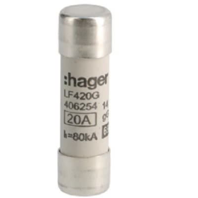 Hager 20A Cartridge Fuse, 14 x 51mm [LF420G]; 250-8626