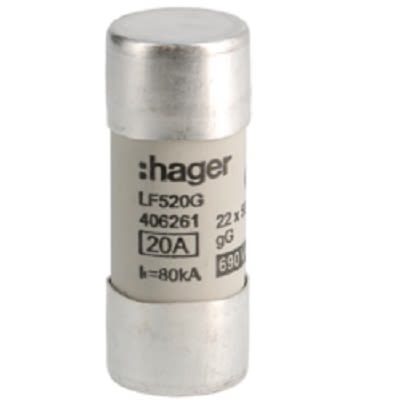 Hager 20A Cartridge Fuse, 22.2 x 58mm [LF520G]; 250-8640