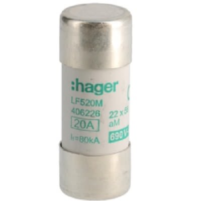 Hager 20A Cartridge Fuse, 22.2 x 58mm [LF520M]; 250-8642