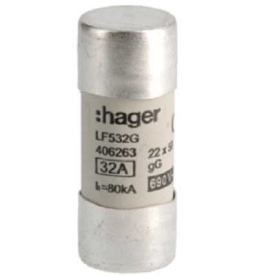 Hager 32A Cartridge Fuse, 22.2 x 58mm [LF532G]; 250-8646