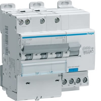 Hager RCBO, 20A Current Rating, 3P Poles, 30mA Trip Sensitivity, Type AC [ADC420F]; 251-2013