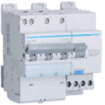 Hager RCBO, 32A Current Rating, 3P Poles, 30mA Trip Sensitivity, Type AC [ADC432F]; 251-2014