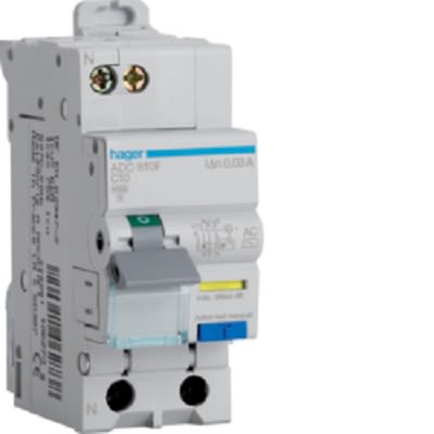 Hager RCBO, 10A Current Rating, 2P Poles, 30mA Trip Sensitivity, Type AC [ADC810F]; 251-2020