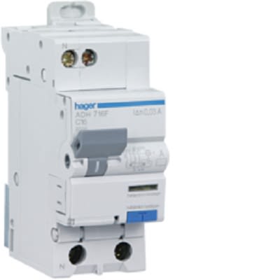 Hager RCBO, 16A Current Rating, 1P Poles, 30mA Trip Sensitivity, Type A-HI [ADH716F]; 251-2021