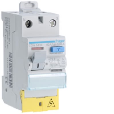 Hager CDA RCD Switch, 40A, 2 Pole, 30mA, Type A, 230V [CDA743F]; 251-2024