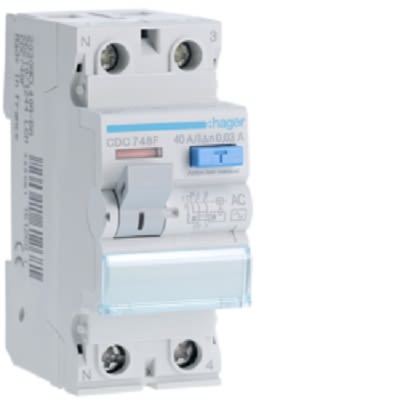 Hager CDC RCD Switch, 40A, 2 Pole, 30mA, Type AC, 230V [CDC748F]; 251-2028