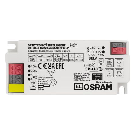 Osram LED Driver, 7.5-54V Output, 18W Output, 150 → 1050mA Output, Constant Current Dimmable [OTI-DALI-15/220-240/1A0-NFC-LP]; 251-5264