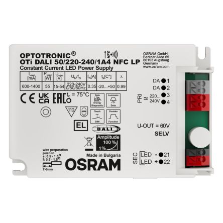 Osram LED Driver, 15-54V Output, 55W Output, 600-1400mA Output, Constant Current Dimmable [OTI-DALI-50/220-240/1A4-NFC-LP]; 251-5274