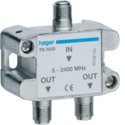 Hager Coaxial RF Splitter 1 Plug to 2 Sockets, Frequency 5 → 2400MHz [TN202S]; 252-0204