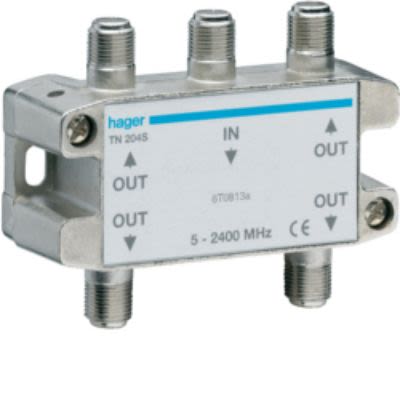 Hager Coaxial RF Splitter, Frequency 5 → 2400MHz [TN204S]; 252-0205