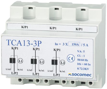 Socomec TCA 13 - 3P Series DIN Rail Mounted Current Transformer, 3 x 75A Input, 75:5, 5 A Output [192T1907]; 253-3663