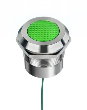 RS PRO Green Panel Mount Indicator, 12 → 24V ac/dc, 25mm Mounting Hole Size, Lead Wires Termination, IP67, IP69K [0]; 253-8514